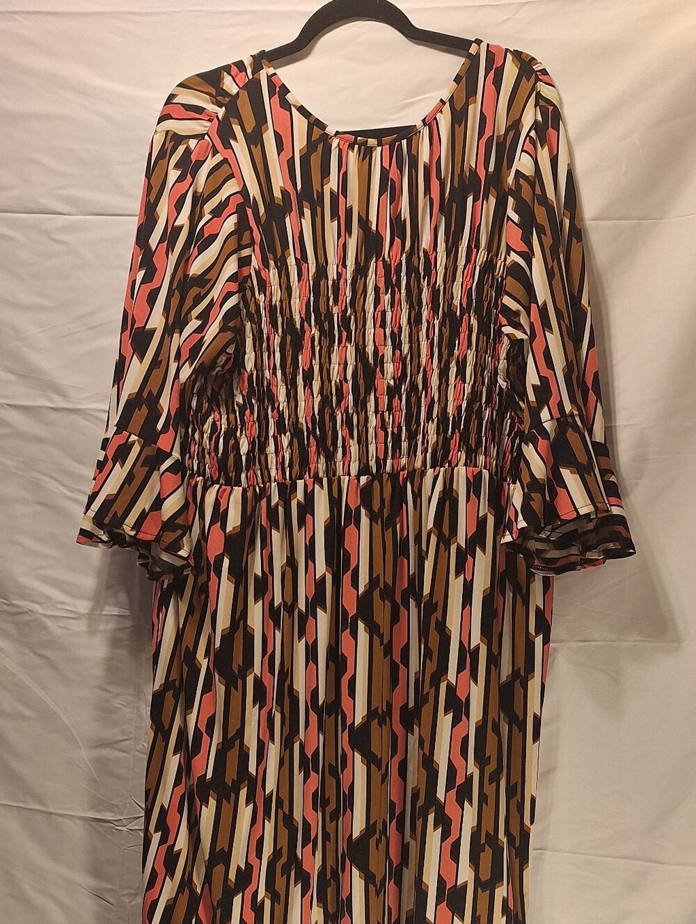 Geo-Print Smocked Midi Dress in Coral, Black & Tan